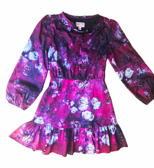 Marchesa Notte Girls 12 Purple Floral Fit & Flare Balloon Sleeve Knee Dress